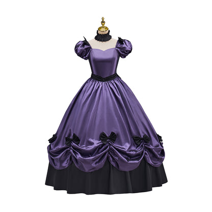 Victorian Style Lavender Purple Gown with Puff Sleeves Ruffled Skirt Black Trimmed Hem for Historical Halloween Christmas