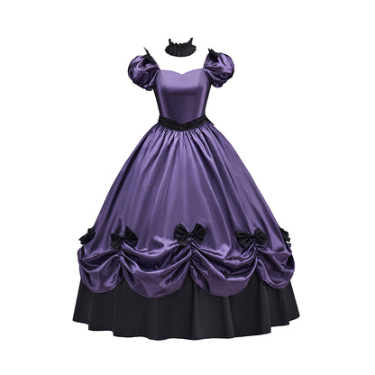 Victorian Style Lavender Purple Gown with Puff Sleeves Ruffled Skirt Black Trimmed Hem for Historical Halloween Christmas