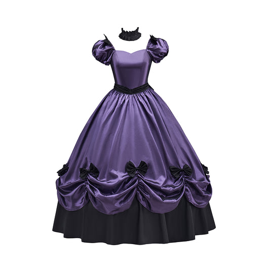 Victorian Style Lavender Purple Gown with Puff Sleeves Ruffled Skirt Black Trimmed Hem for Historical Halloween Christmas