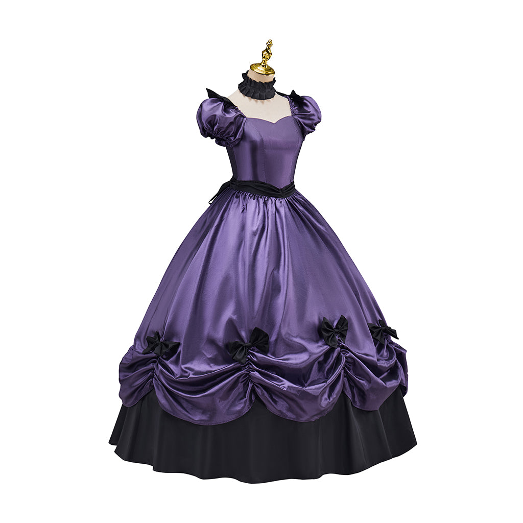 Victorian Style Lavender Purple Gown with Puff Sleeves Ruffled Skirt Black Trimmed Hem for Historical Halloween Christmas