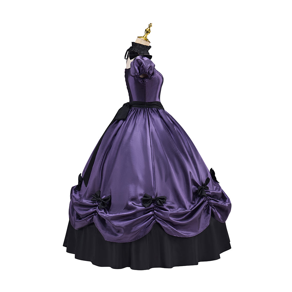Victorian Style Lavender Purple Gown with Puff Sleeves Ruffled Skirt Black Trimmed Hem for Historical Halloween Christmas