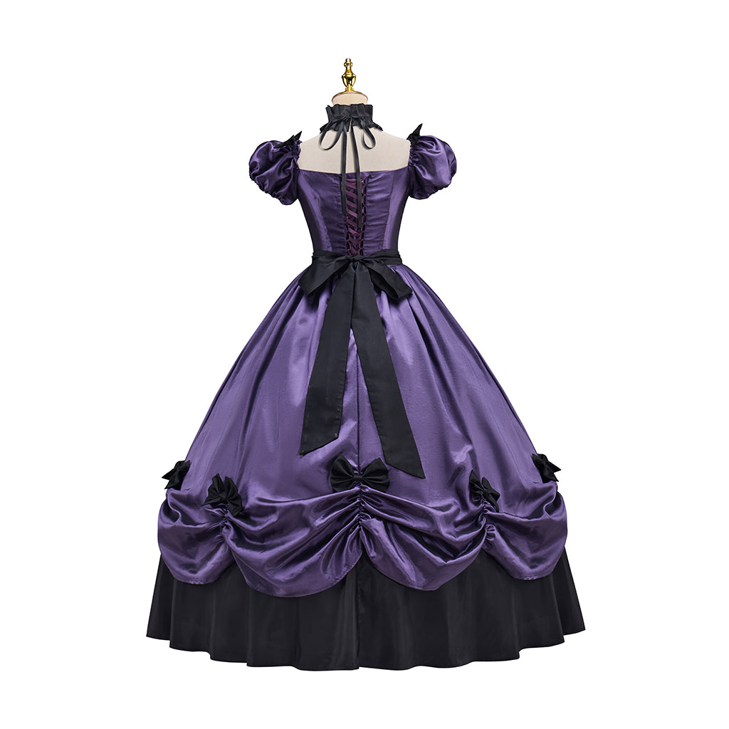 Victorian Style Lavender Purple Gown with Puff Sleeves Ruffled Skirt Black Trimmed Hem for Historical Halloween Christmas