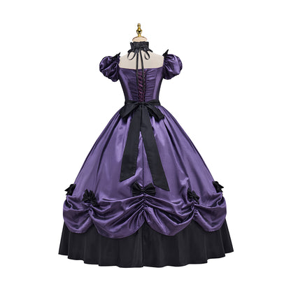 Victorian Style Lavender Purple Gown with Puff Sleeves Ruffled Skirt Black Trimmed Hem for Historical Halloween Christmas