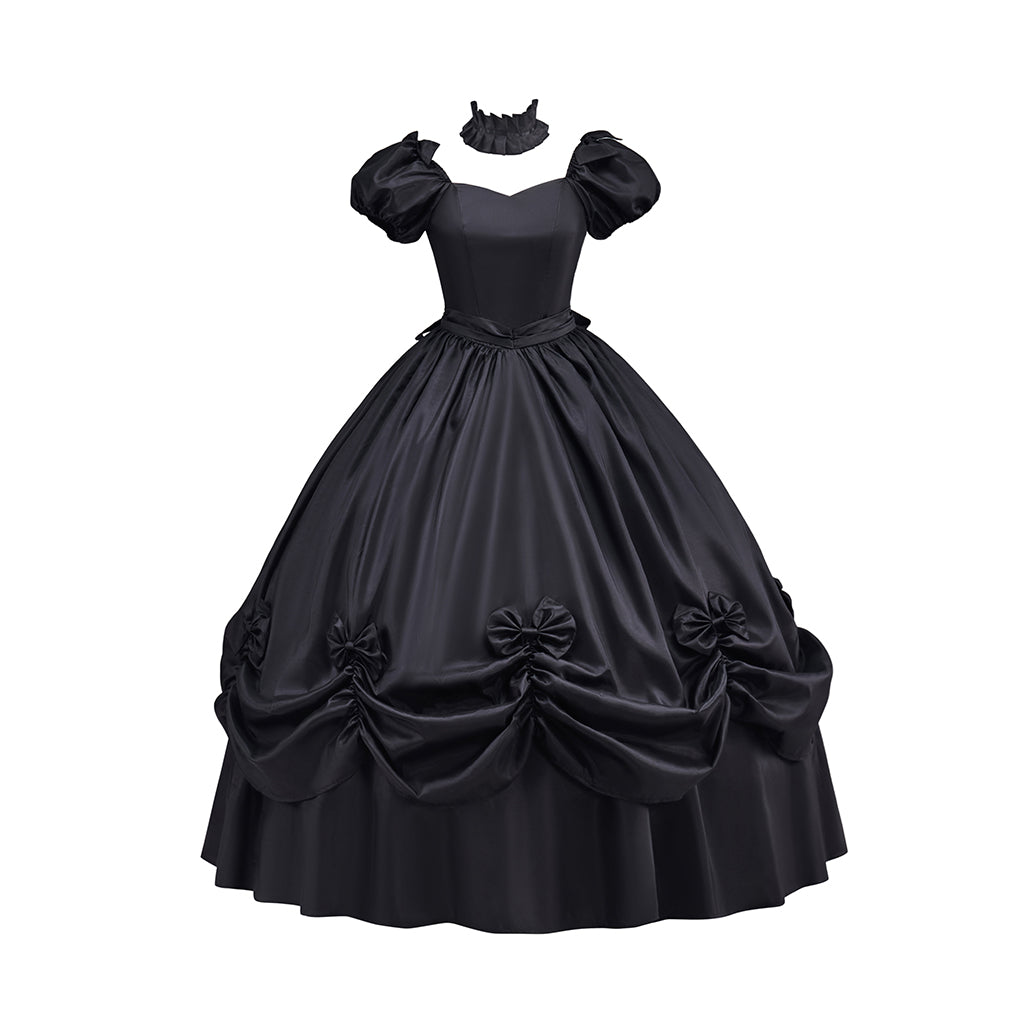 Victorian Style Lavender Purple Gown with Puff Sleeves Ruffled Skirt Black Trimmed Hem for Historical Halloween Christmas