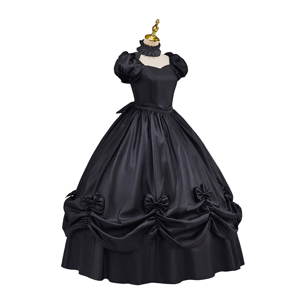 Victorian Style Lavender Purple Gown with Puff Sleeves Ruffled Skirt Black Trimmed Hem for Historical Halloween Christmas