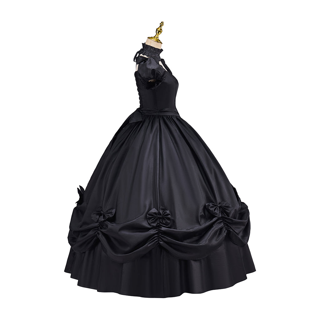 Victorian Style Lavender Purple Gown with Puff Sleeves Ruffled Skirt Black Trimmed Hem for Historical Halloween Christmas