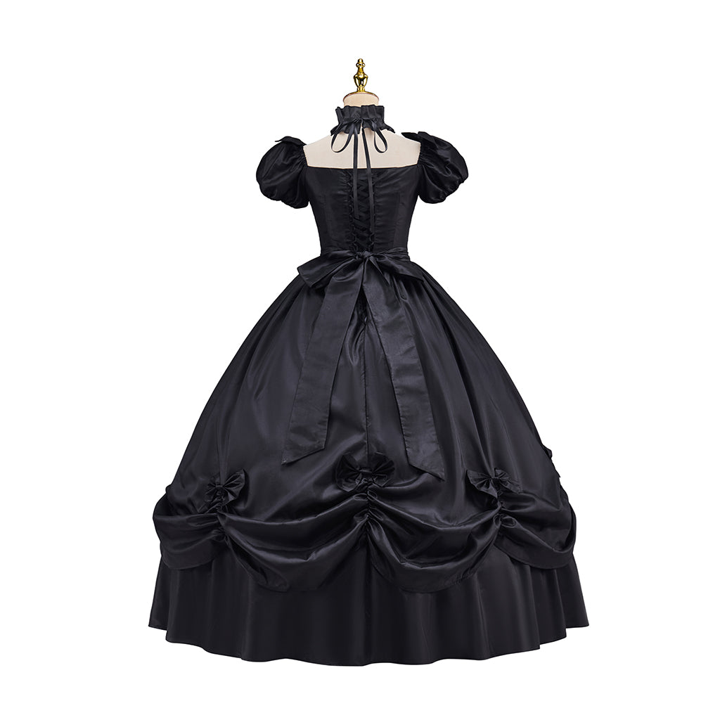 Victorian Style Lavender Purple Gown with Puff Sleeves Ruffled Skirt Black Trimmed Hem for Historical Halloween Christmas