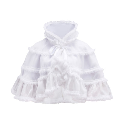 Rococo Style Blush Pink Tiered Ruffled Tulle Cloak with Bow Accent for Historical Reenactments Theatrical Halloween and Christmas Celebrations