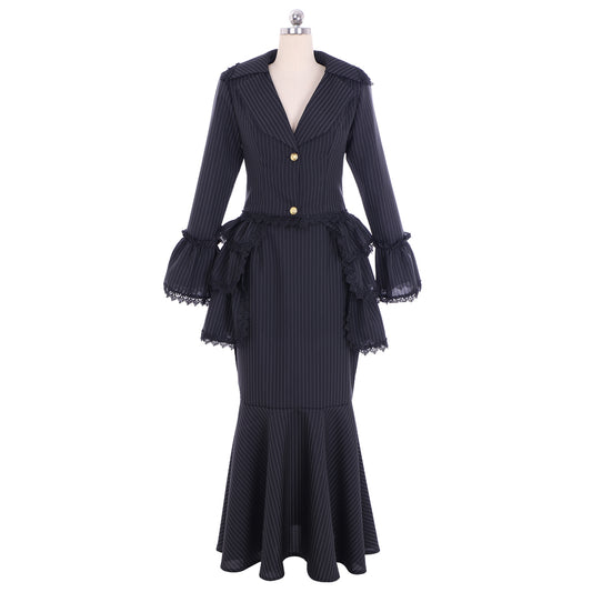 Victorian Rococo Medieval Length Dress Striped DressTrumpet Sleeve Ball Gown Solid Color Ball Gown Women's Royal Halloween Carnival Party Evening Dress Valentine's DayParty Masquerade Adults' Dress All