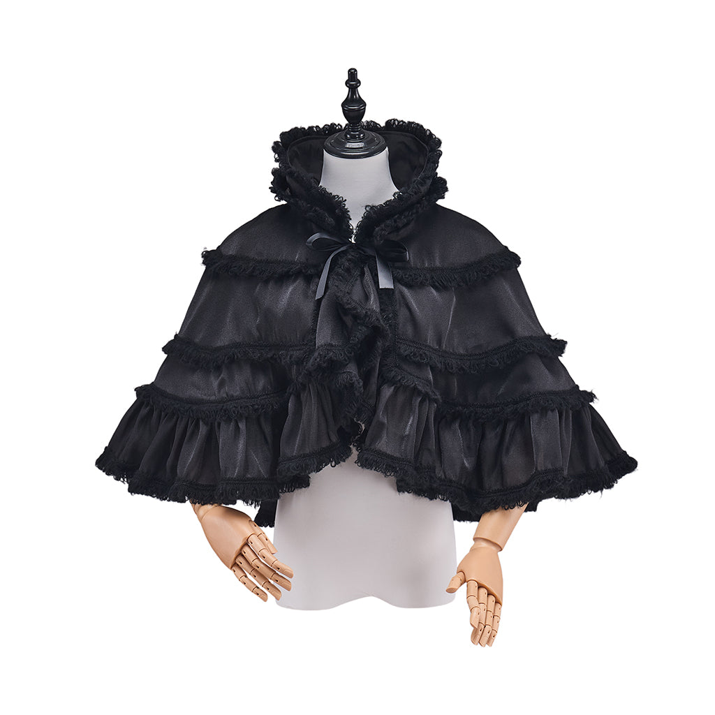 Rococo Style Blush Pink Tiered Ruffled Tulle Cloak with Bow Accent for Historical Reenactments Theatrical Halloween and Christmas Celebrations