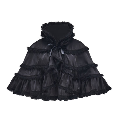 Rococo Style Blush Pink Tiered Ruffled Tulle Cloak with Bow Accent for Historical Reenactments Theatrical Halloween and Christmas Celebrations