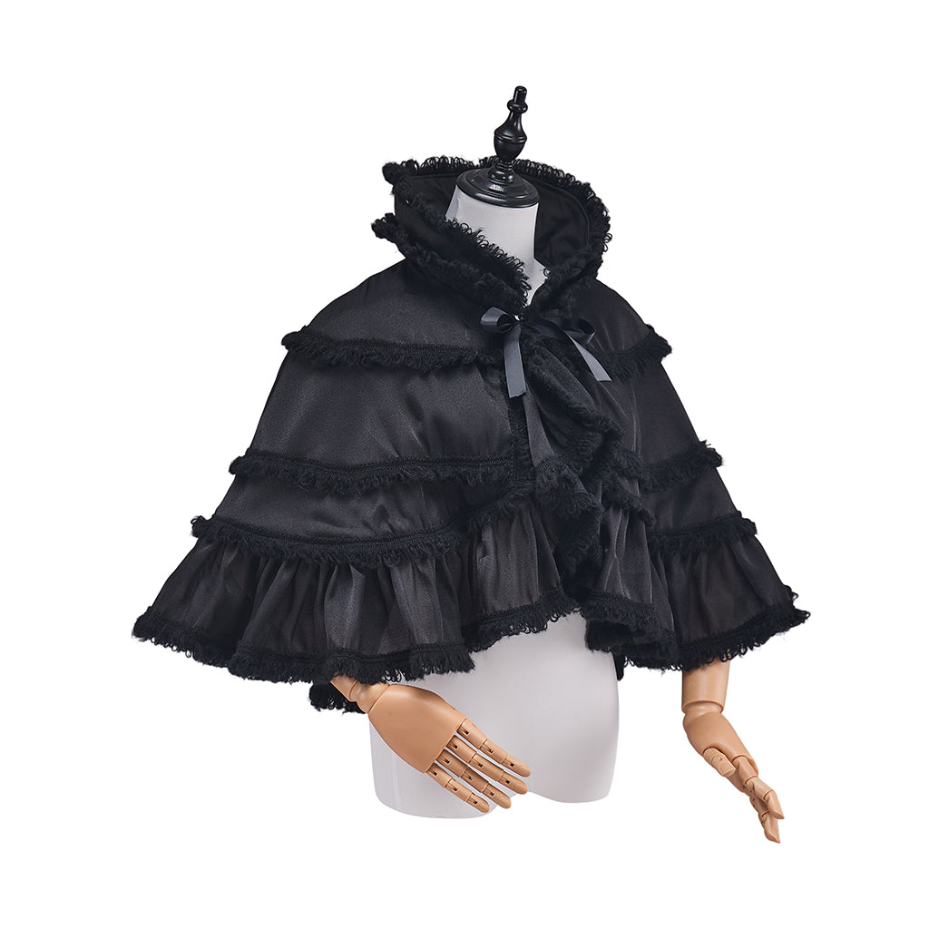 Rococo Style Blush Pink Tiered Ruffled Tulle Cloak with Bow Accent for Historical Reenactments Theatrical Halloween and Christmas Celebrations