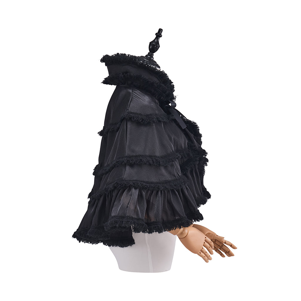 Rococo Style Blush Pink Tiered Ruffled Tulle Cloak with Bow Accent for Historical Reenactments Theatrical Halloween and Christmas Celebrations