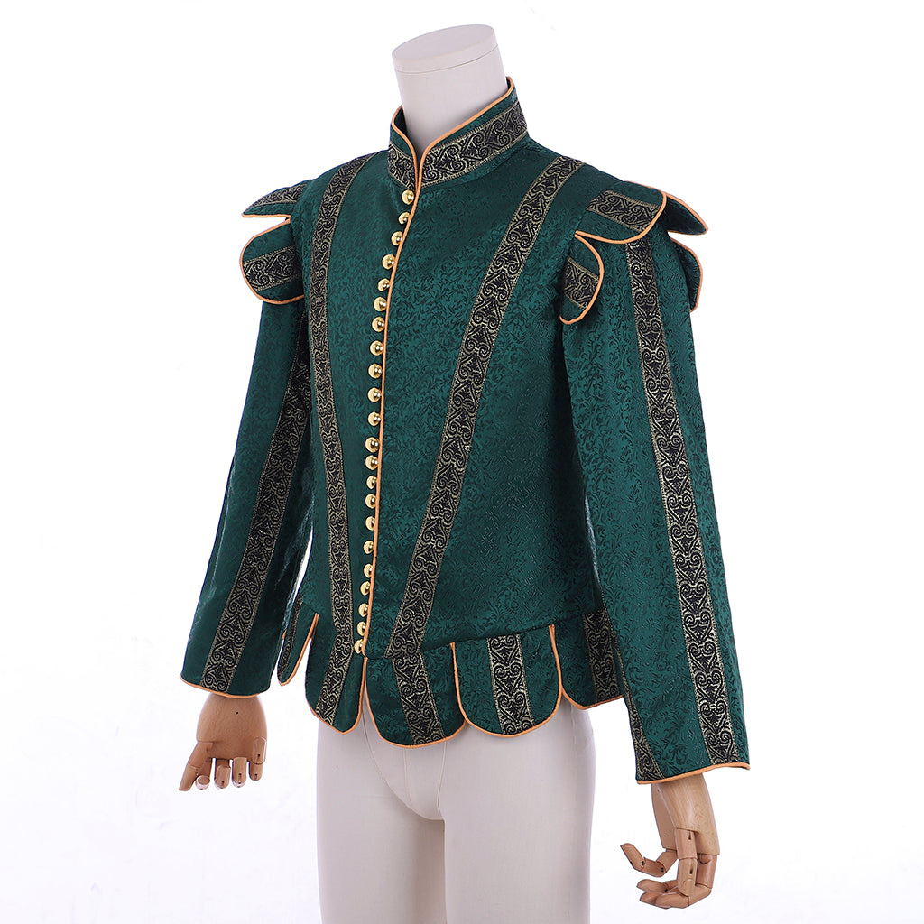 Medieval Men's Emerald Green Brocade Medieval Renaissance Jacket Cosplay Stage Costume Adult Party Themed Outfit