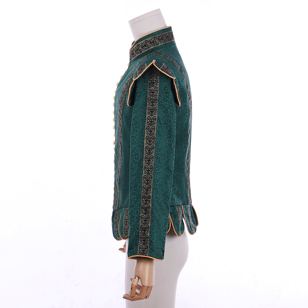 Medieval Men's Emerald Green Brocade Medieval Renaissance Jacket Cosplay Stage Costume Adult Party Themed Outfit