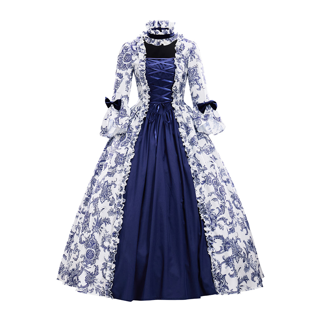 Medieval Dark Blue Floral Embroidered Ball Gown for Historical Reenactments Theatrical Performances Halloween and Christmas
