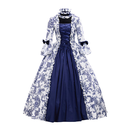 Medieval Dark Blue Floral Embroidered Ball Gown for Historical Reenactments Theatrical Performances Halloween and Christmas