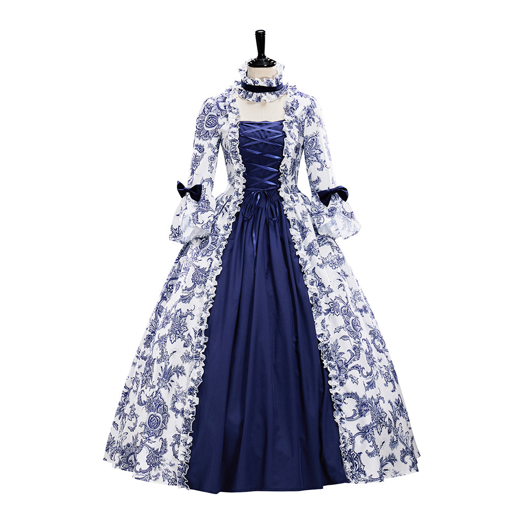 Medieval Dark Blue Floral Embroidered Ball Gown for Historical Reenactments Theatrical Performances Halloween and Christmas