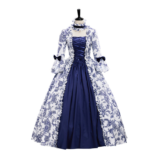 Medieval Dark Blue Floral Embroidered Ball Gown for Historical Reenactments Theatrical Performances Halloween and Christmas