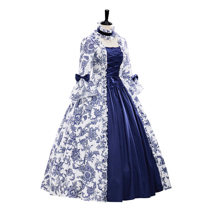 Medieval Dark Blue Floral Embroidered Ball Gown for Historical Reenactments Theatrical Performances Halloween and Christmas