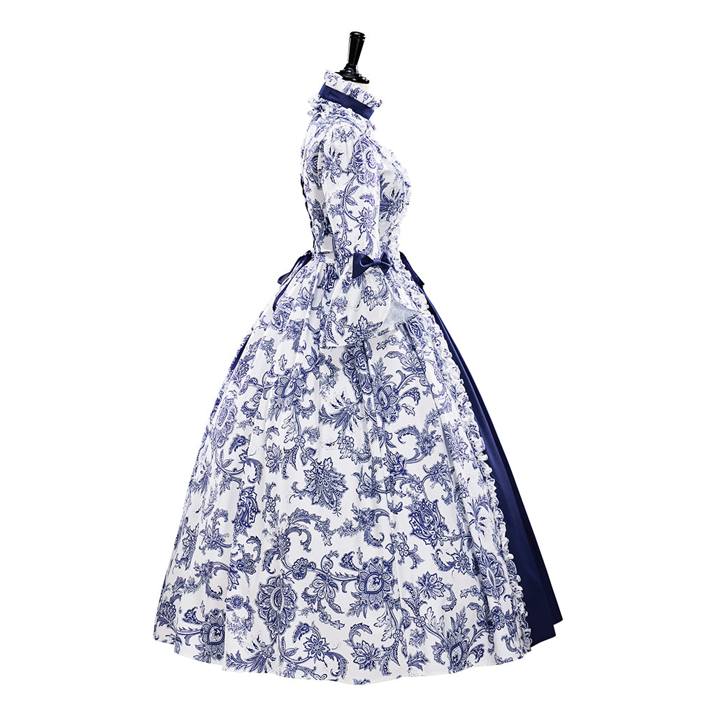 Medieval Dark Blue Floral Embroidered Ball Gown for Historical Reenactments Theatrical Performances Halloween and Christmas