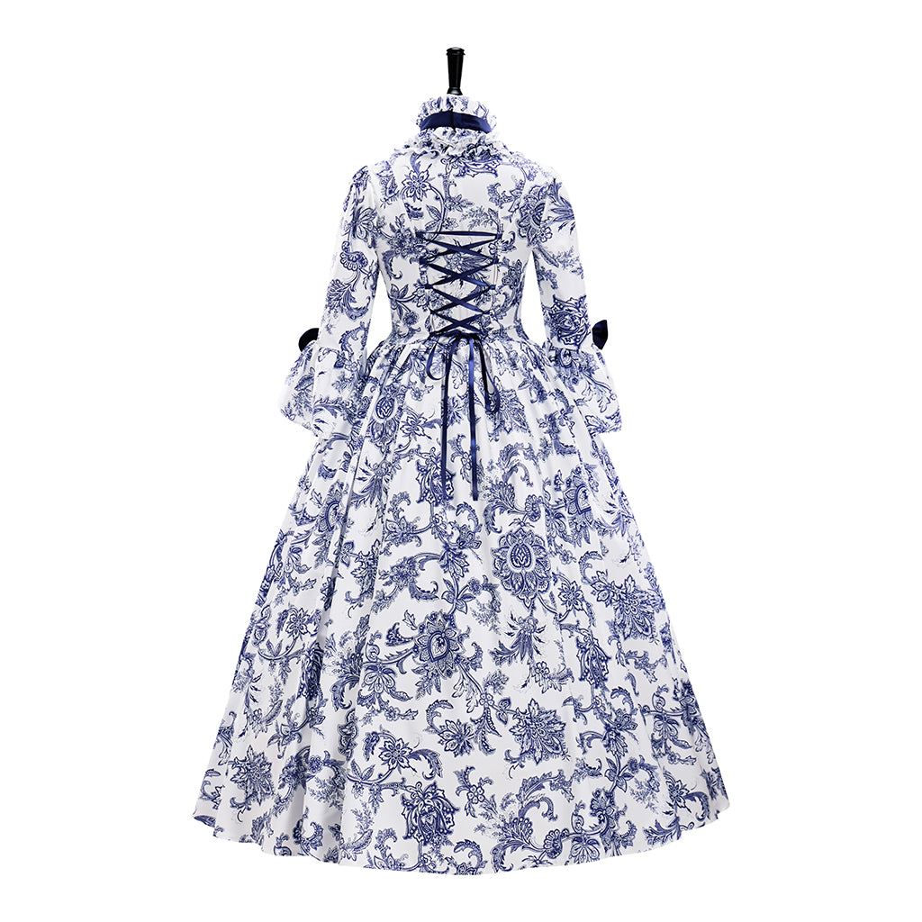 Medieval Dark Blue Floral Embroidered Ball Gown for Historical Reenactments Theatrical Performances Halloween and Christmas