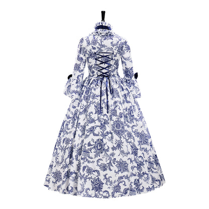 Medieval Dark Blue Floral Embroidered Ball Gown for Historical Reenactments Theatrical Performances Halloween and Christmas