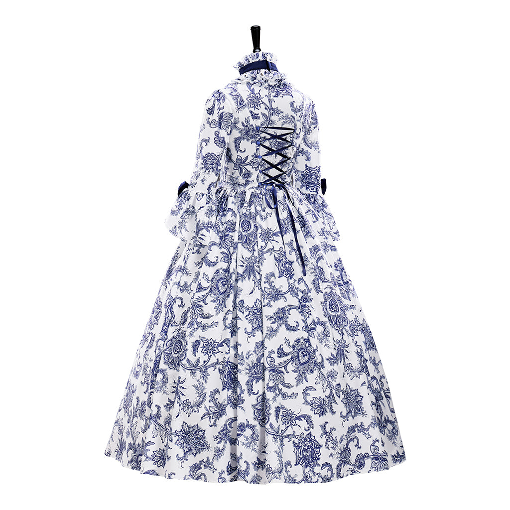 Medieval Dark Blue Floral Embroidered Ball Gown for Historical Reenactments Theatrical Performances Halloween and Christmas