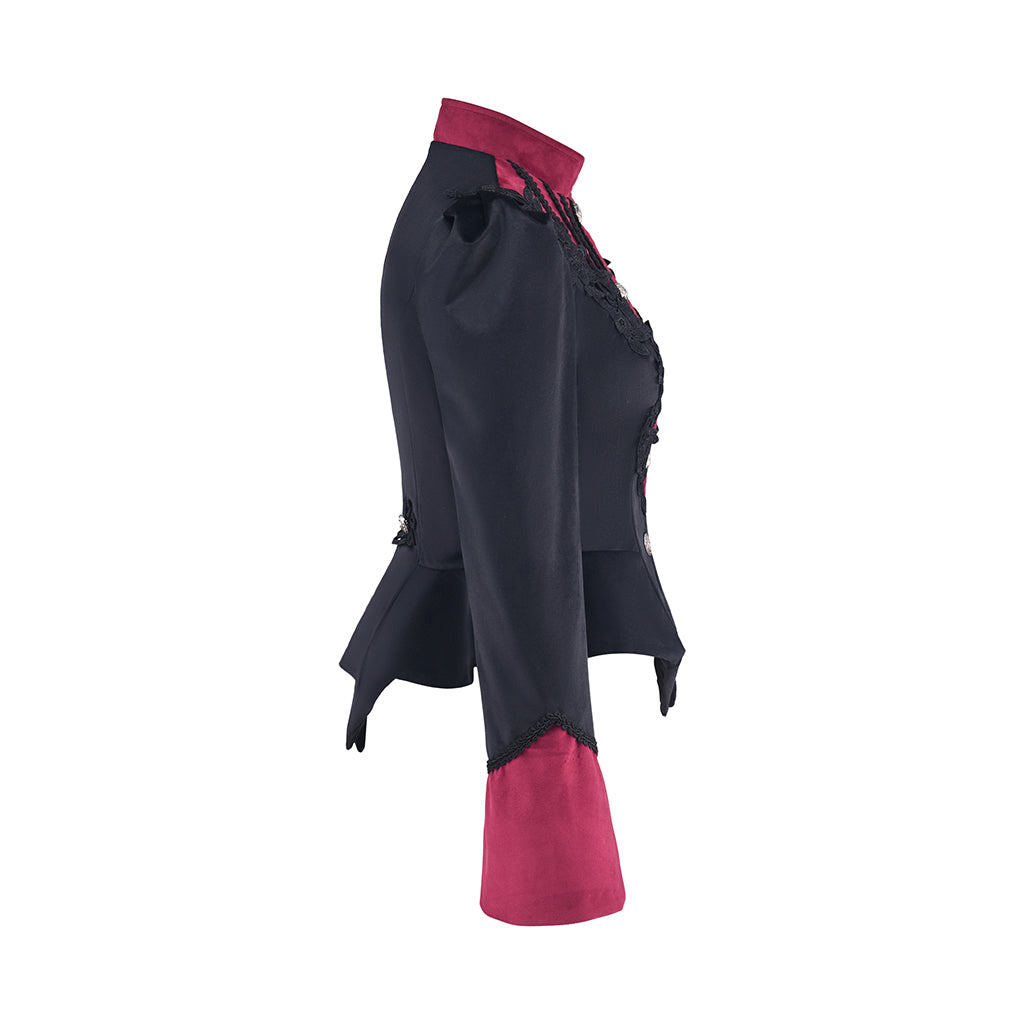 Regency Style Black Tailored Waistcoat with Crimson Ruffled Collar for Historical Reenactments Theatrical Performances Halloween Celebrations
