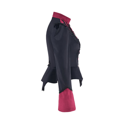 Regency Style Black Tailored Waistcoat with Crimson Ruffled Collar for Historical Reenactments Theatrical Performances Halloween Celebrations