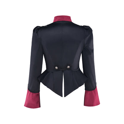 Regency Style Black Tailored Waistcoat with Crimson Ruffled Collar for Historical Reenactments Theatrical Performances Halloween Celebrations