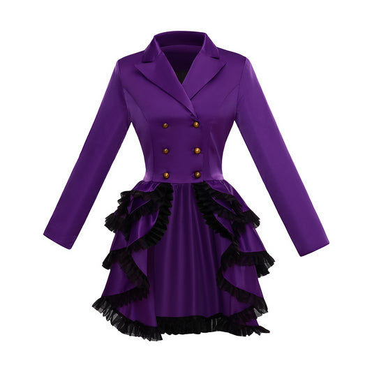 Medieval Style Purple Double breasted Jacket with Black Ruffled Hem for Historical Reenactments Medieval Themed Gatherings Halloween Christmas