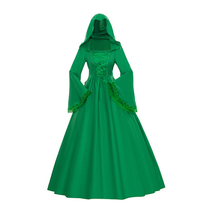 Medieval Style Emerald Green Hooded Gown with Bell Sleeves for Historical Reenactments  Halloween Christmas