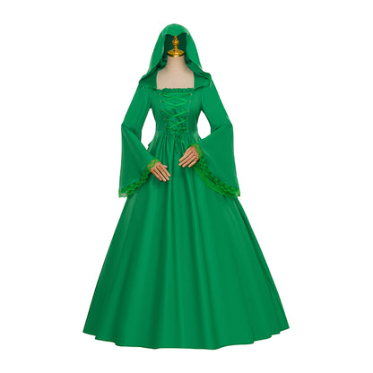 Medieval Style Emerald Green Hooded Gown with Bell Sleeves for Historical Reenactments  Halloween Christmas