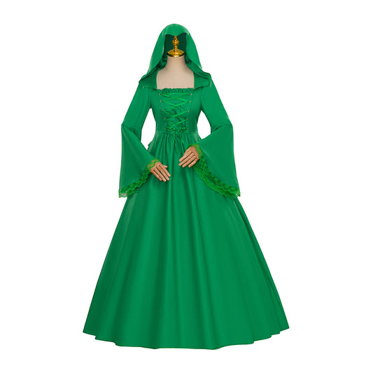 Medieval Style Emerald Green Hooded Gown with Bell Sleeves for Historical Reenactments  Halloween Christmas