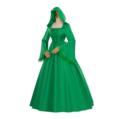 Medieval Style Emerald Green Hooded Gown with Bell Sleeves for Historical Reenactments  Halloween Christmas