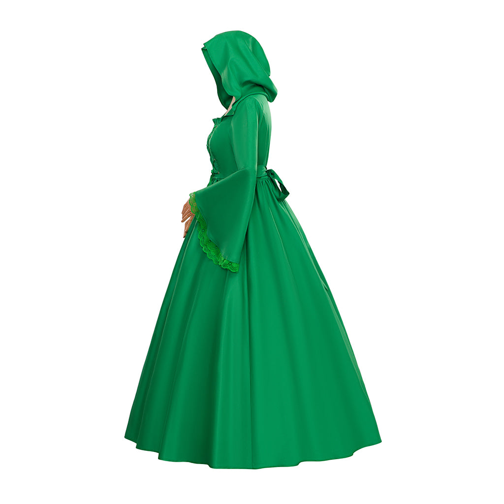 Medieval Style Emerald Green Hooded Gown with Bell Sleeves for Historical Reenactments  Halloween Christmas