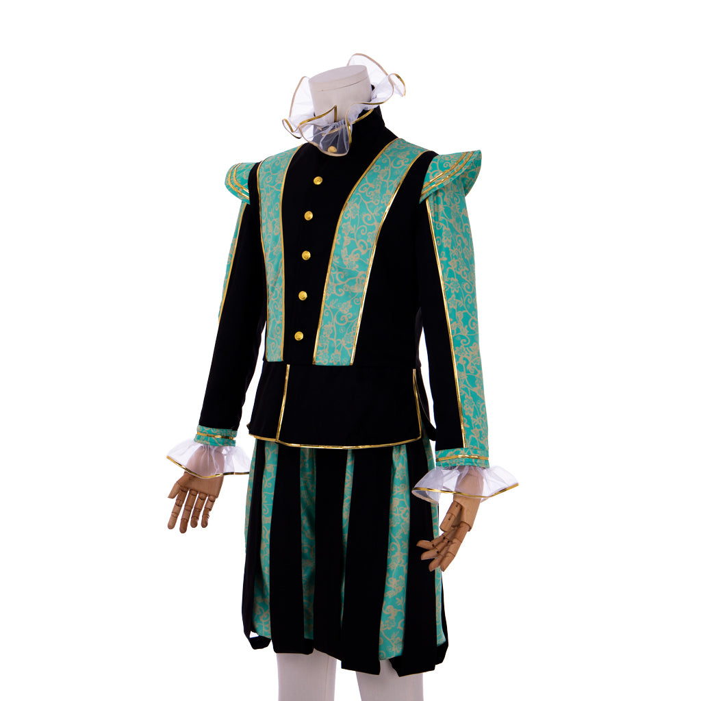 Medieval Men's Black Rococo Court Suit with Intricate Green Trim and Gold Accents Cosplay Stage Costume Adult Halloween Christmas Party Themed Outfit