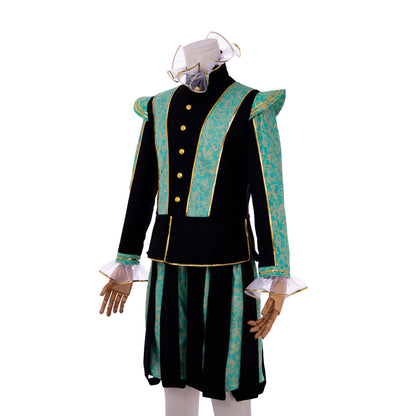 Medieval Men's Black Rococo Court Suit with Intricate Green Trim and Gold Accents Cosplay Stage Costume Adult Halloween Christmas Party Themed Outfit