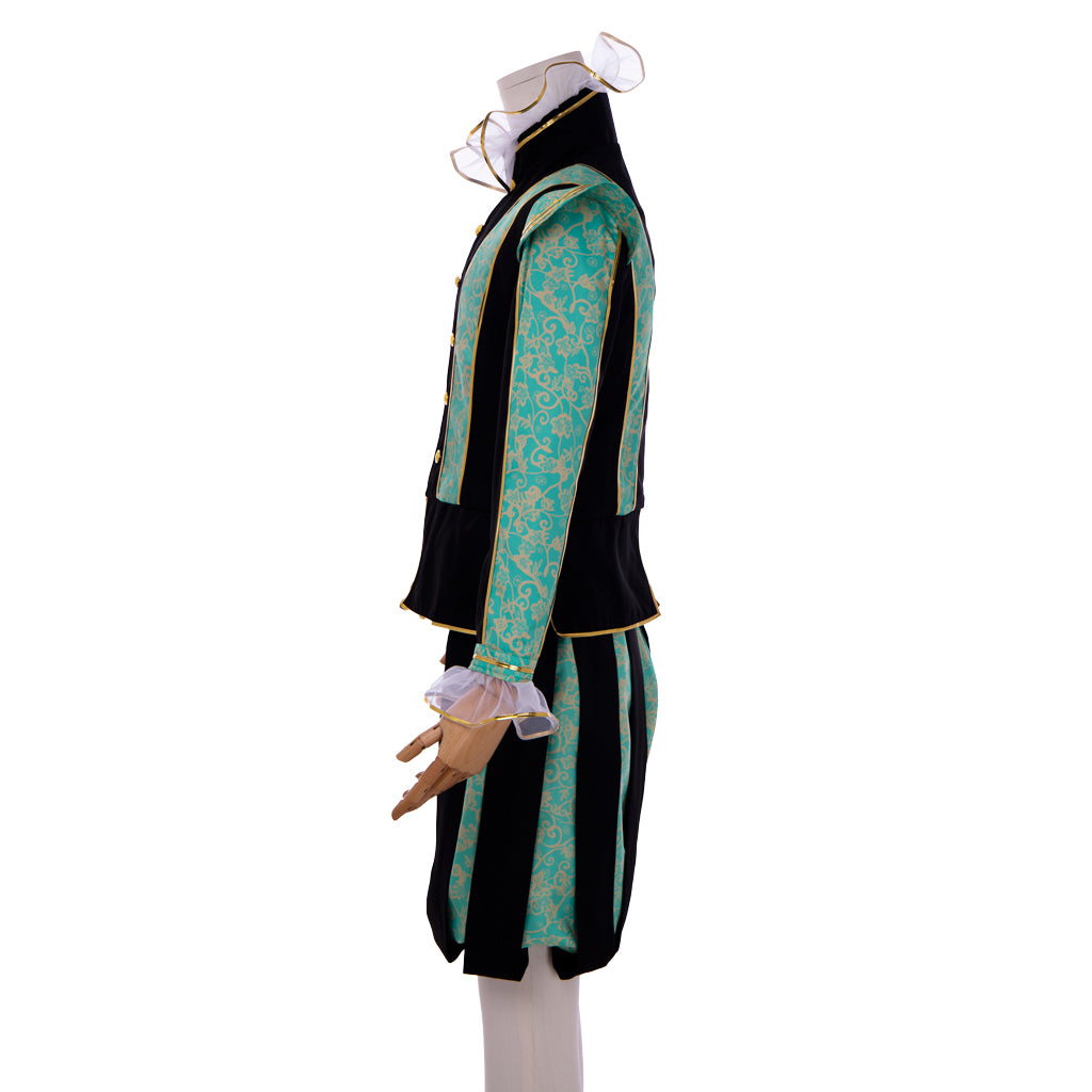 Medieval Men's Black Rococo Court Suit with Intricate Green Trim and Gold Accents Cosplay Stage Costume Adult Halloween Christmas Party Themed Outfit