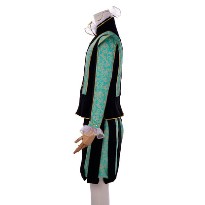 Medieval Men's Black Rococo Court Suit with Intricate Green Trim and Gold Accents Cosplay Stage Costume Adult Halloween Christmas Party Themed Outfit