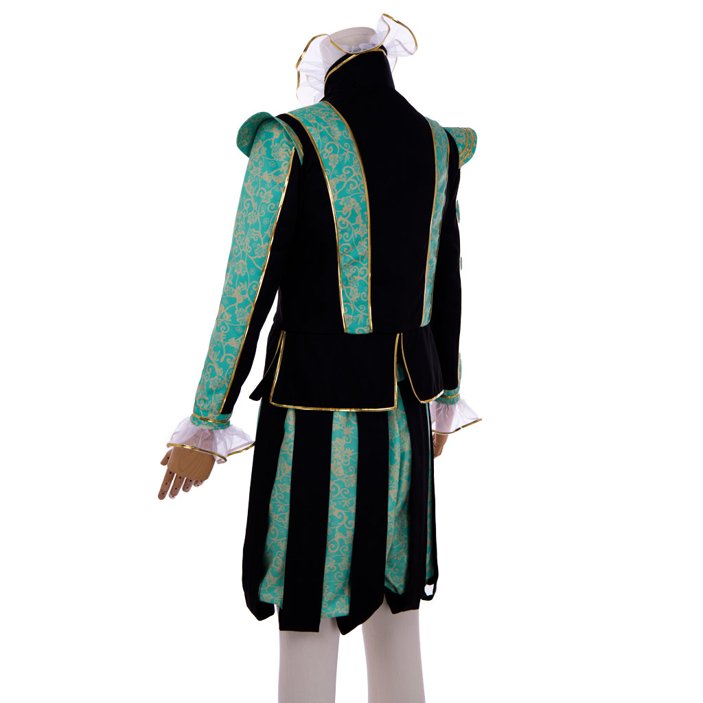 Medieval Men's Black Rococo Court Suit with Intricate Green Trim and Gold Accents Cosplay Stage Costume Adult Halloween Christmas Party Themed Outfit
