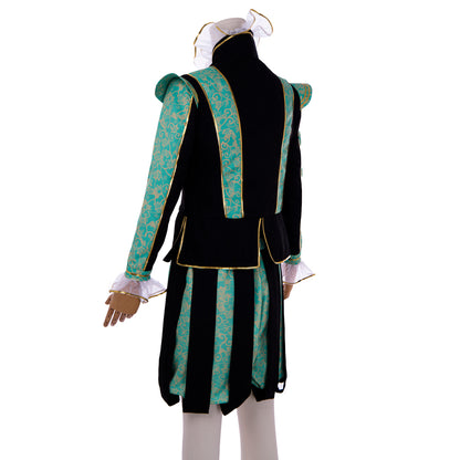 Medieval Men's Black Rococo Court Suit with Intricate Green Trim and Gold Accents Cosplay Stage Costume Adult Halloween Christmas Party Themed Outfit