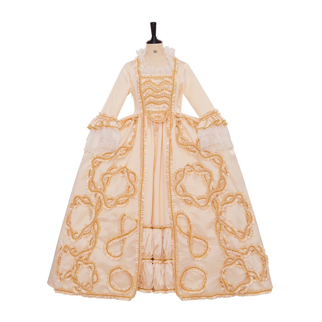 Rococo Style Cream Colored Gown with Gold Embroidered Motifs for Historical Reenactments Royal Court Halloween Christmas