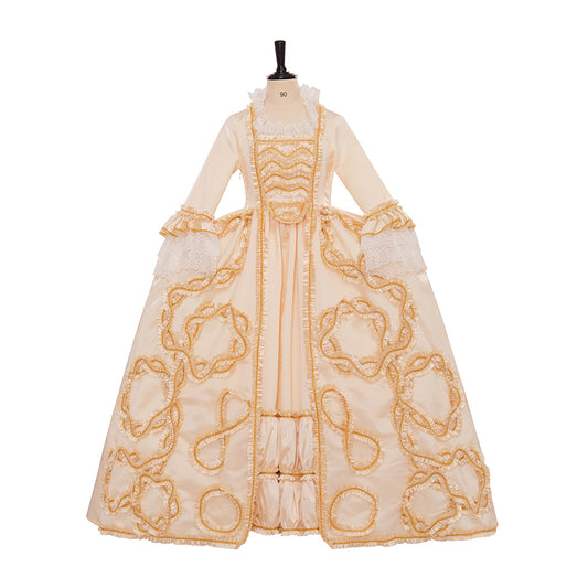 Rococo Style Cream Colored Gown with Gold Embroidered Motifs for Historical Reenactments Royal Court Halloween Christmas