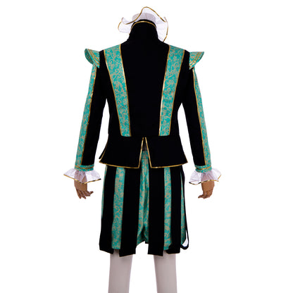 Medieval Men's Black Rococo Court Suit with Intricate Green Trim and Gold Accents Cosplay Stage Costume Adult Halloween Christmas Party Themed Outfit