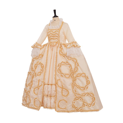Rococo Style Cream Colored Gown with Gold Embroidered Motifs for Historical Reenactments Royal Court Halloween Christmas