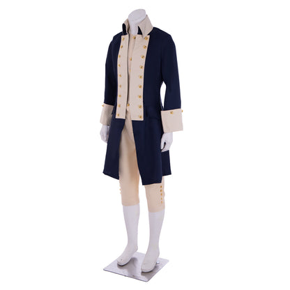 Medieval Men's Navy Blue Tailcoat with Gold  Tone Buttons and Beige Breeches Costume for Historical Reenactments, Cosplay Events or Halloween Parties
