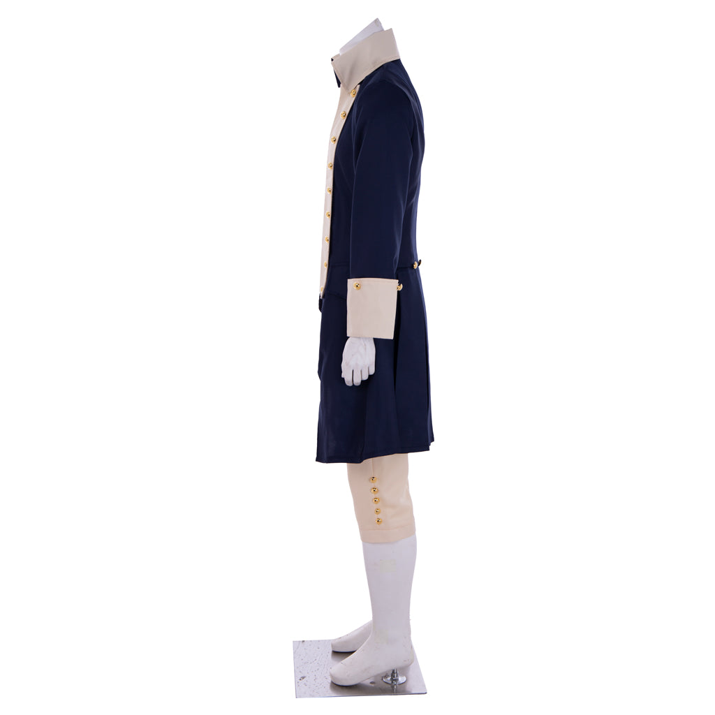 Medieval Men's Navy Blue Tailcoat with Gold  Tone Buttons and Beige Breeches Costume for Historical Reenactments, Cosplay Events or Halloween Parties