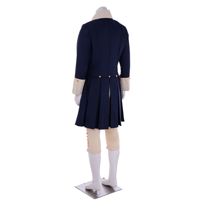 Medieval Men's Navy Blue Tailcoat with Gold  Tone Buttons and Beige Breeches Costume for Historical Reenactments, Cosplay Events or Halloween Parties